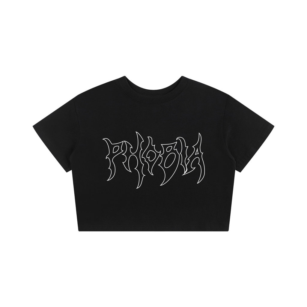 Black crop top with white 'PHOBIA' graphic on a white background