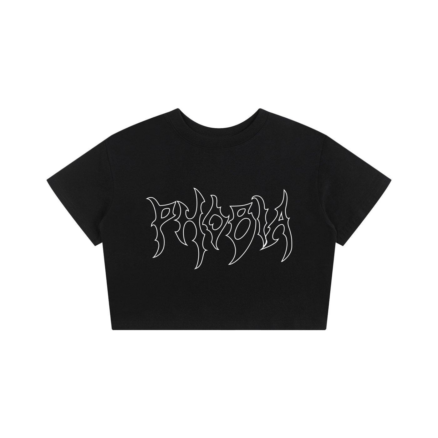 Black crop top with white 'PHOBIA' graphic on a white background